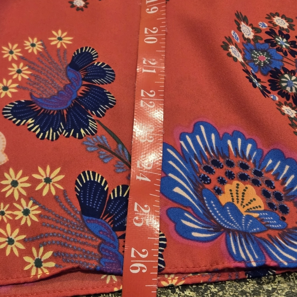 Zac & Rachel Womens L Red Floral Peasant Blouse Tie Neck Boho Flowy Tunic Top - Picture 9 of 13